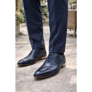 Moretti Black Label Navy Leather Cap Toe Oxford Dress Shoes Size 12 Brogue